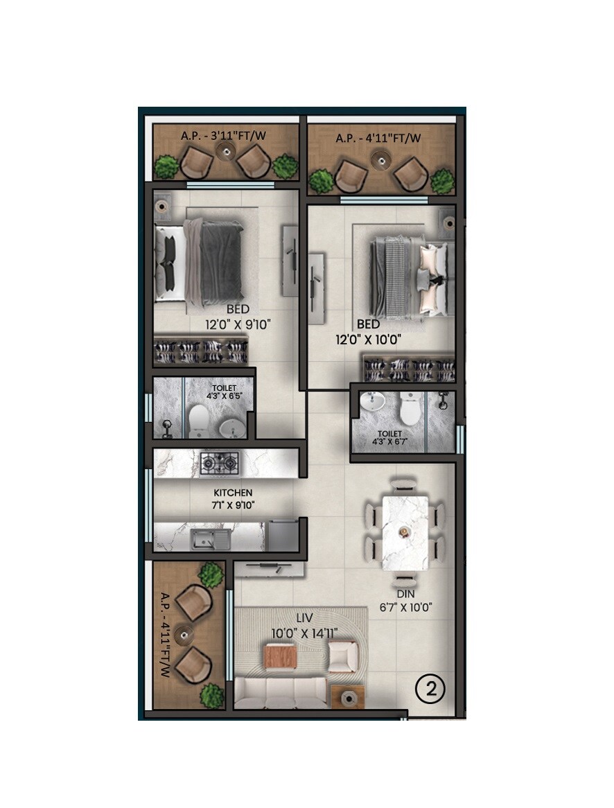 Floor plan of 2 BHK 598 Sq. Ft. Apartment in Saraswati Meera Vistara, Thane