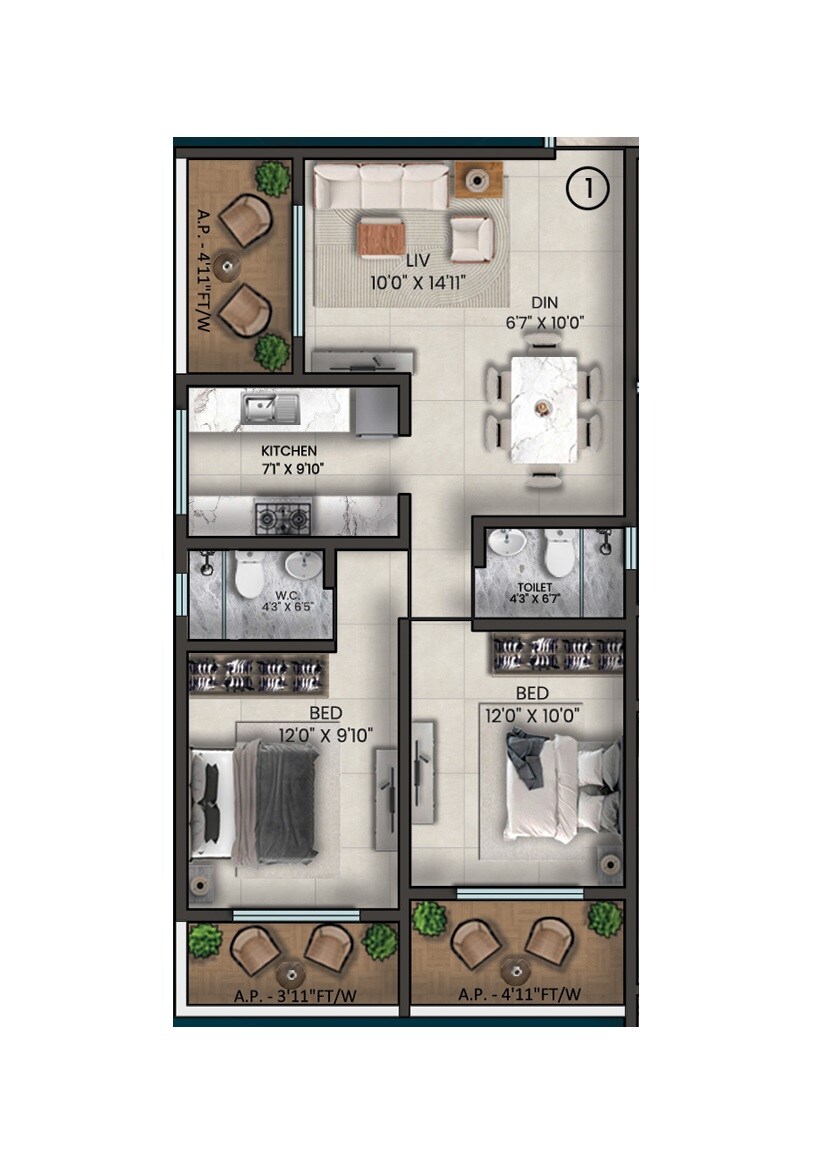 Floor plan of 2 BHK 685 Sq. Ft. Apartment in Saraswati Meera Vistara, Thane