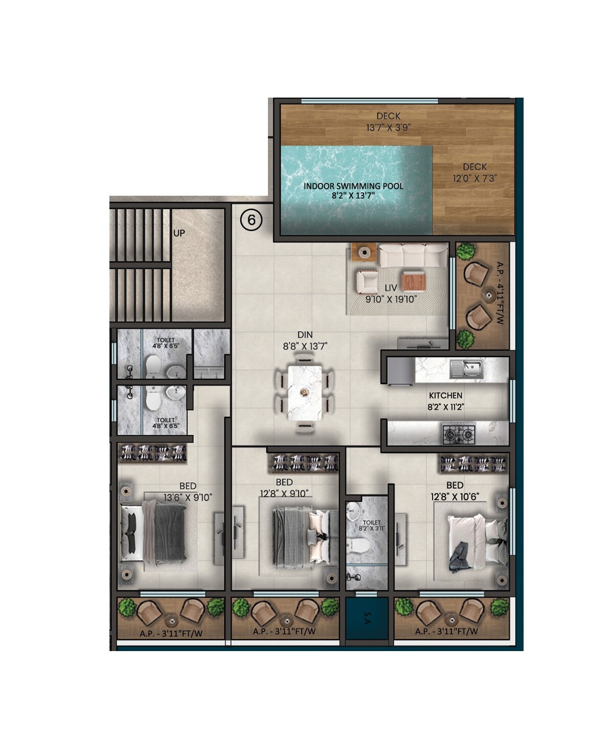 Floor plan of 3 BHK 1072 Sq. Ft. Apartment in Saraswati Meera Vistara, Thane