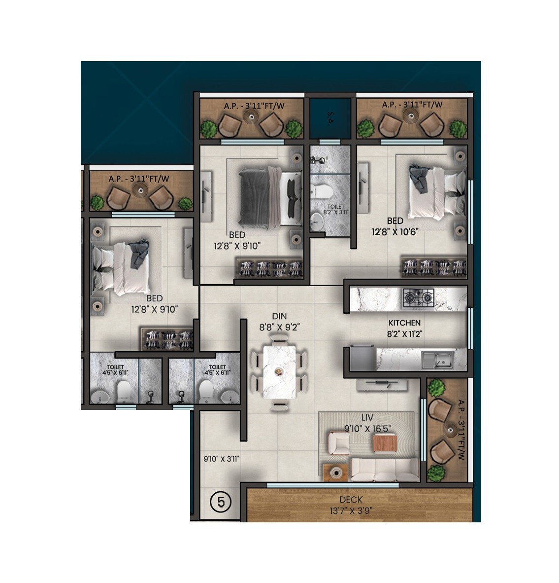 Floor plan of 3 BHK 884 Sq. Ft. Apartment in Saraswati Meera Vistara, Thane