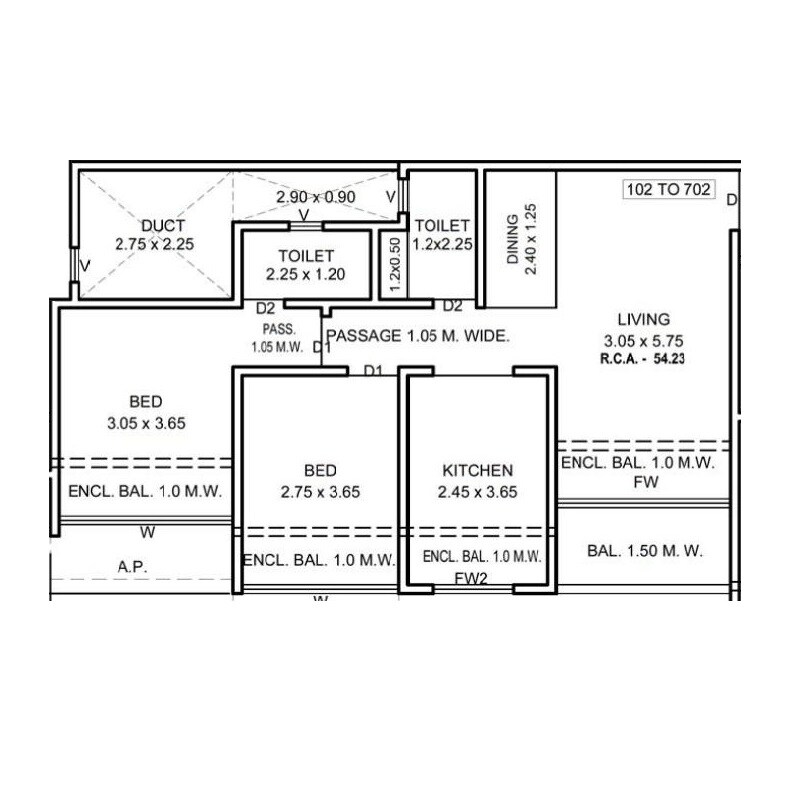 Floor plan of 2 BHK 584 Sq. Ft. Apartment in Sarthi Saffron, Thane