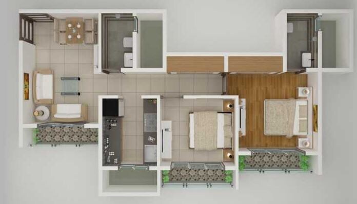 Floor plan of 2 BHK 648 Sq. Ft. Apartment in Satyadeep Shree Sandesh Heights, Thane