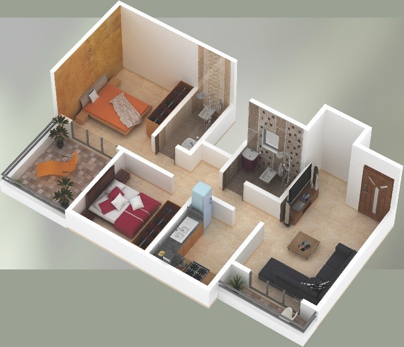 Floor plan of 2 BHK 429 Sq. Ft. Apartment in Satyam Oleander, Thane