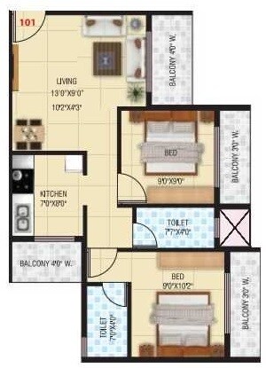 Floor plan of 2 BHK 875 Sq. Ft. Apartment in Satyam Prime, Thane