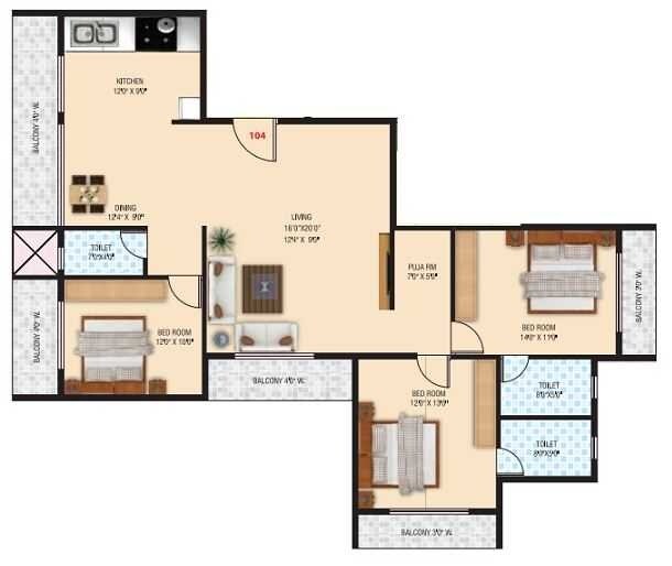 Floor plan of 3 BHK 1160 Sq. Ft. Apartment in Satyam Prime, Thane