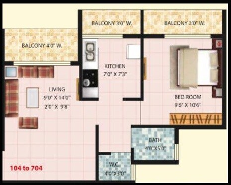 Floor plan of 1 BHK 635 Sq. Ft. Apartment in Satyam Residency, Thane