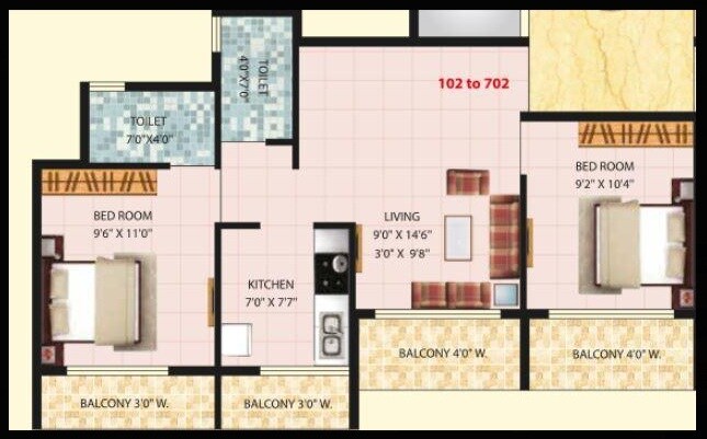 Floor plan of 2 BHK 950 Sq. Ft. Apartment in Satyam Residency, Thane