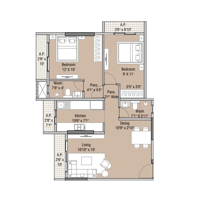 Floor plan of 2 BHK Apartment - 723 sq. ft. in Satyashrey Shree Audumbar, Thane