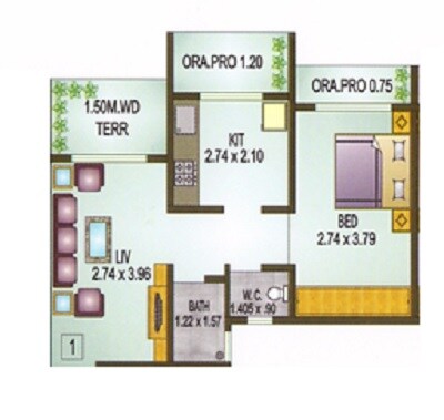 Floor plan of 1 BHK 659 Sq. Ft. Apartment in SCGK Princeton Flair, Thane