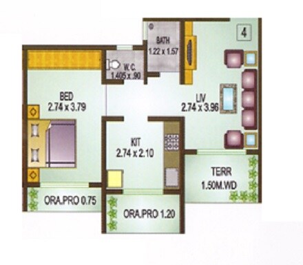 Floor plan of 1 BHK 689 Sq. Ft. Apartment in SCGK Princeton Flair, Thane