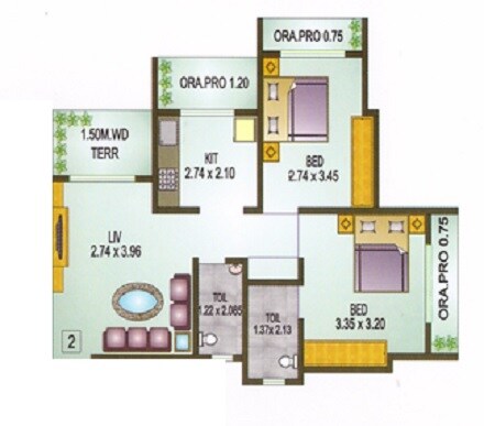 Floor plan of 2 BHK 1009 Sq. Ft. Apartment in SCGK Princeton Flair, Thane