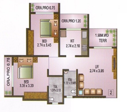 Floor plan of 2 BHK 959 Sq. Ft. Apartment in SCGK Princeton Flair, Thane