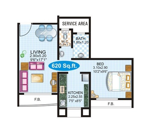 Floor plan of 1 BHK 620 Sq. Ft. Apartment in SD Bhalerao Prity Park, Thane