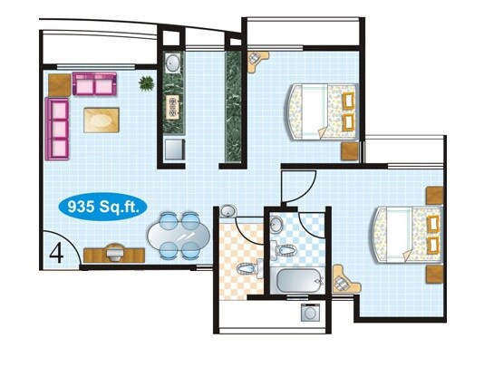 Floor plan of 2 BHK 935 Sq. Ft. Apartment in SD Bhalerao Prity Park, Thane