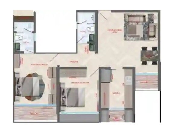 Floor plan of 2 BHK 634 Sq. Ft. Apartment in Sea Green Aurus, Thane