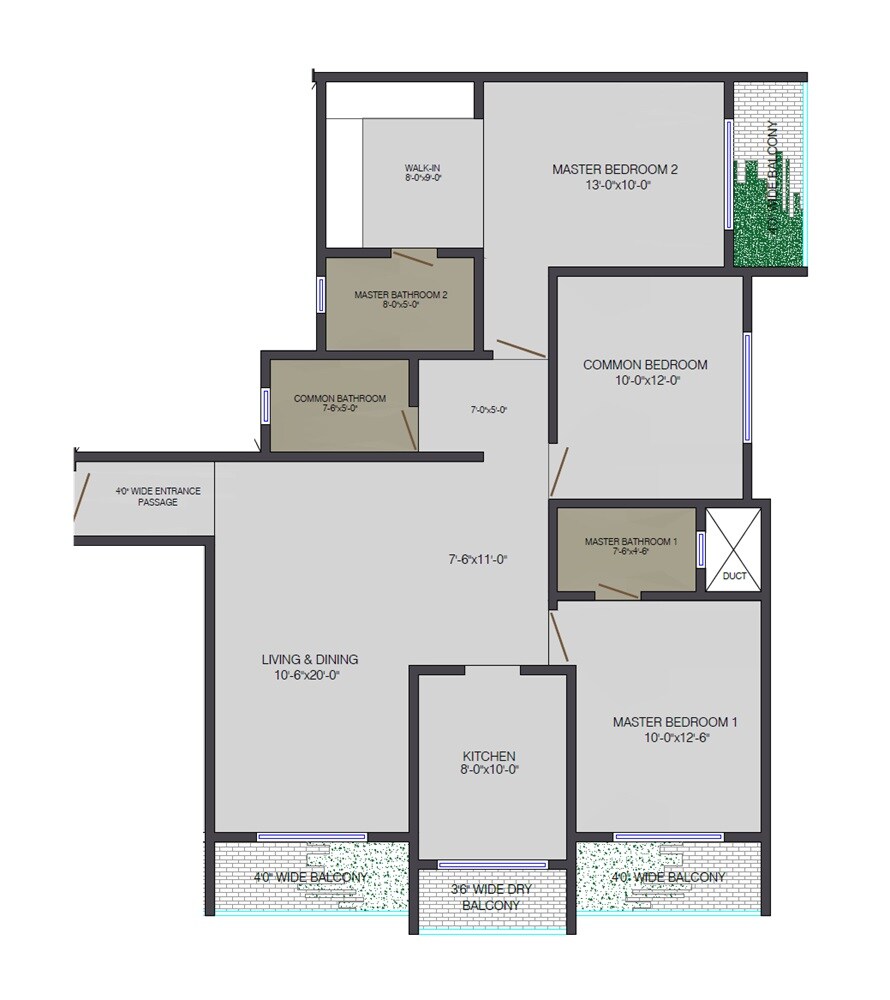 Floor plan of 3 BHK 1014 Sq. Ft. Apartment in Sea Green Aurus, Thane