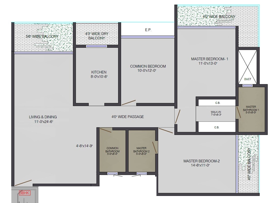 Floor plan of 3 BHK 1132 Sq. Ft. Apartment in Sea Green Aurus, Thane