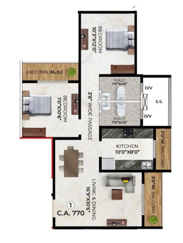 Floor plan of 2 BHK 810 Sq. Ft. Apartment in Sea Green Palacia, Thane