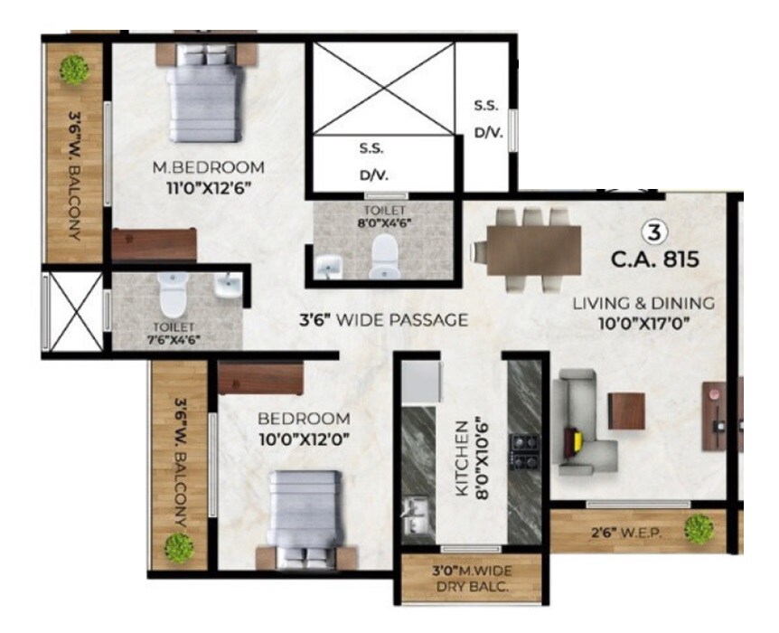 Floor plan of 2 BHK 815 Sq. Ft. Apartment in Sea Green Palacia, Thane