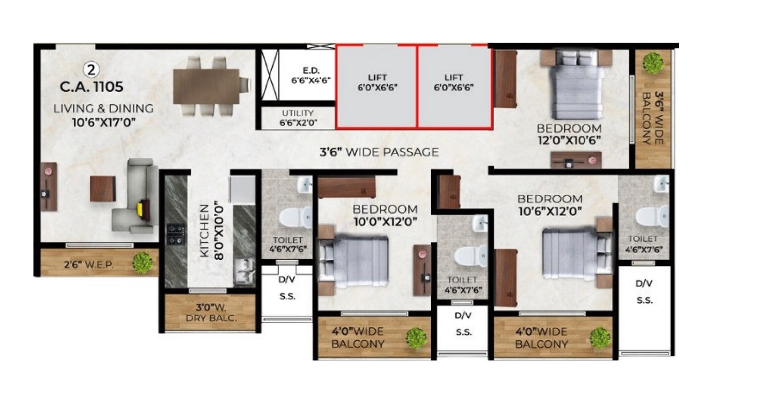 Floor plan of 3 BHK 1105 Sq. Ft. Apartment in Sea Green Palacia, Thane
