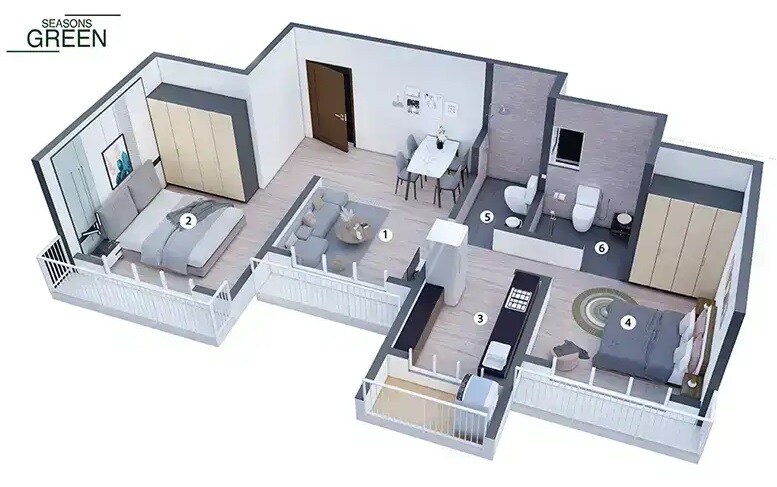 Floor plan of 2 BHK 564 Sq. Ft. Apartment in Seasons Green, Thane