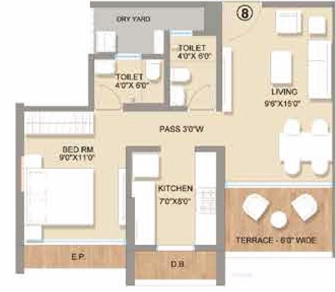 Floor plan of 1 BHK 373 Sq. Ft. Apartment in Seasons Orchid, Thane