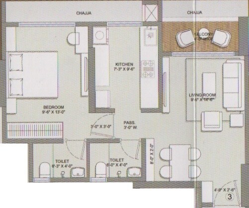 Floor plan of 1 BHK 395 Sq. Ft. Apartment in Seasons Saffron, Thane