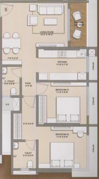 Floor plan of 2 BHK 549 Sq. Ft. Apartment in Seasons Saffron, Thane