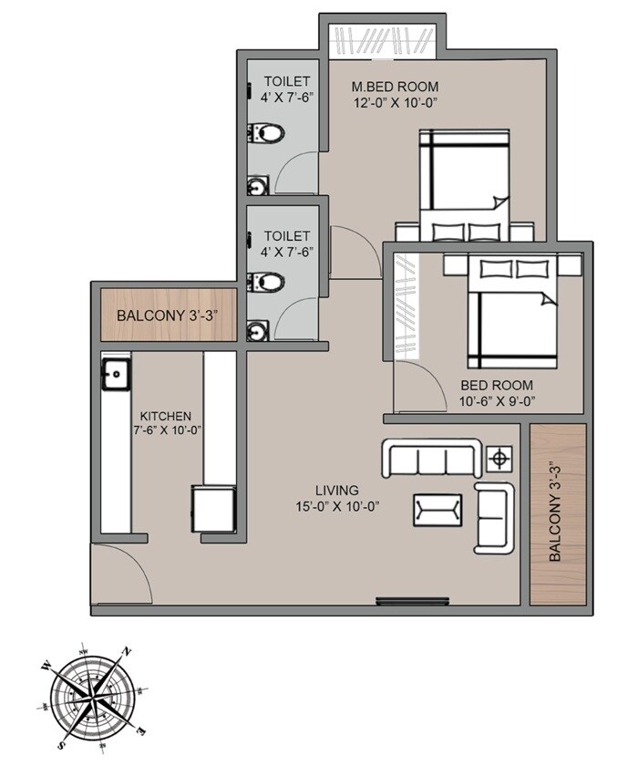 Floor plan of 2 BHK 651 Sq. Ft. Apartment in Shakti Avantika, Thane
