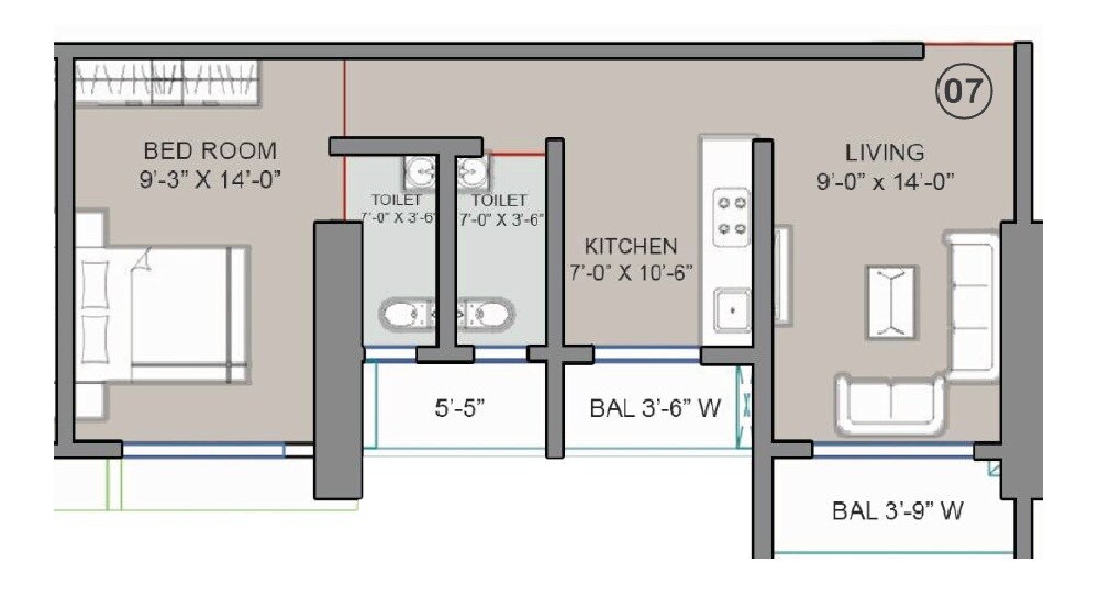 Floor plan of 1 BHK 508 Sq. Ft. Apartment in Shakti Ayodhya, Thane