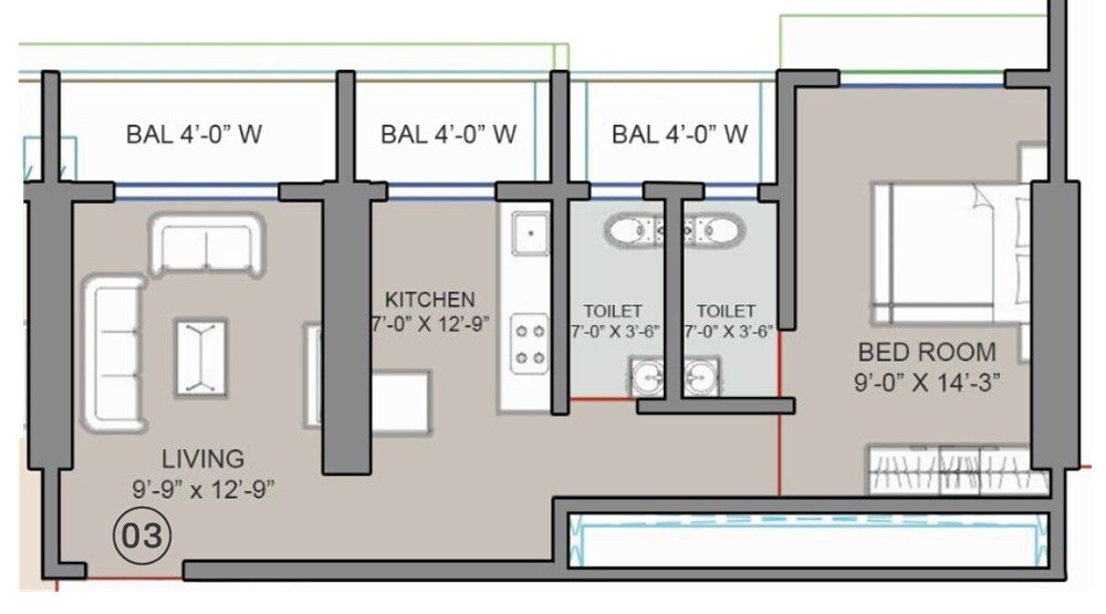 Floor plan of 1 BHK 535 Sq. Ft. Apartment in Shakti Ayodhya, Thane