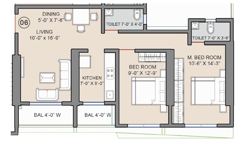 Floor plan of 2 BHK 779 Sq. Ft. Apartment in Shakti Ayodhya, Thane