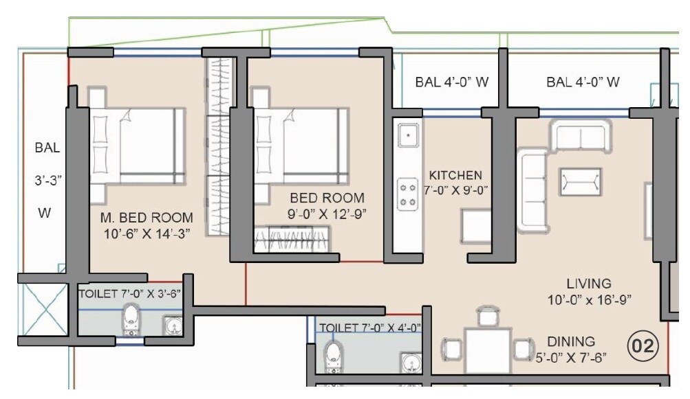 Floor plan of 2 BHK 829 Sq. Ft. Apartment in Shakti Ayodhya, Thane