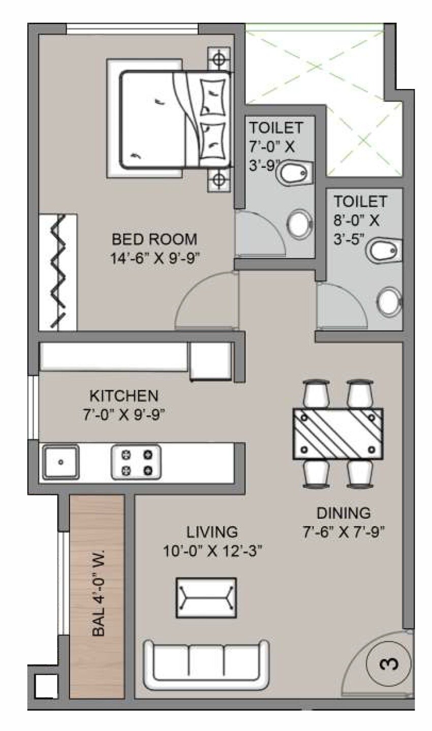 Floor plan of 1 BHK 453 Sq. Ft. Apartment in Shakti Dwarka, Thane