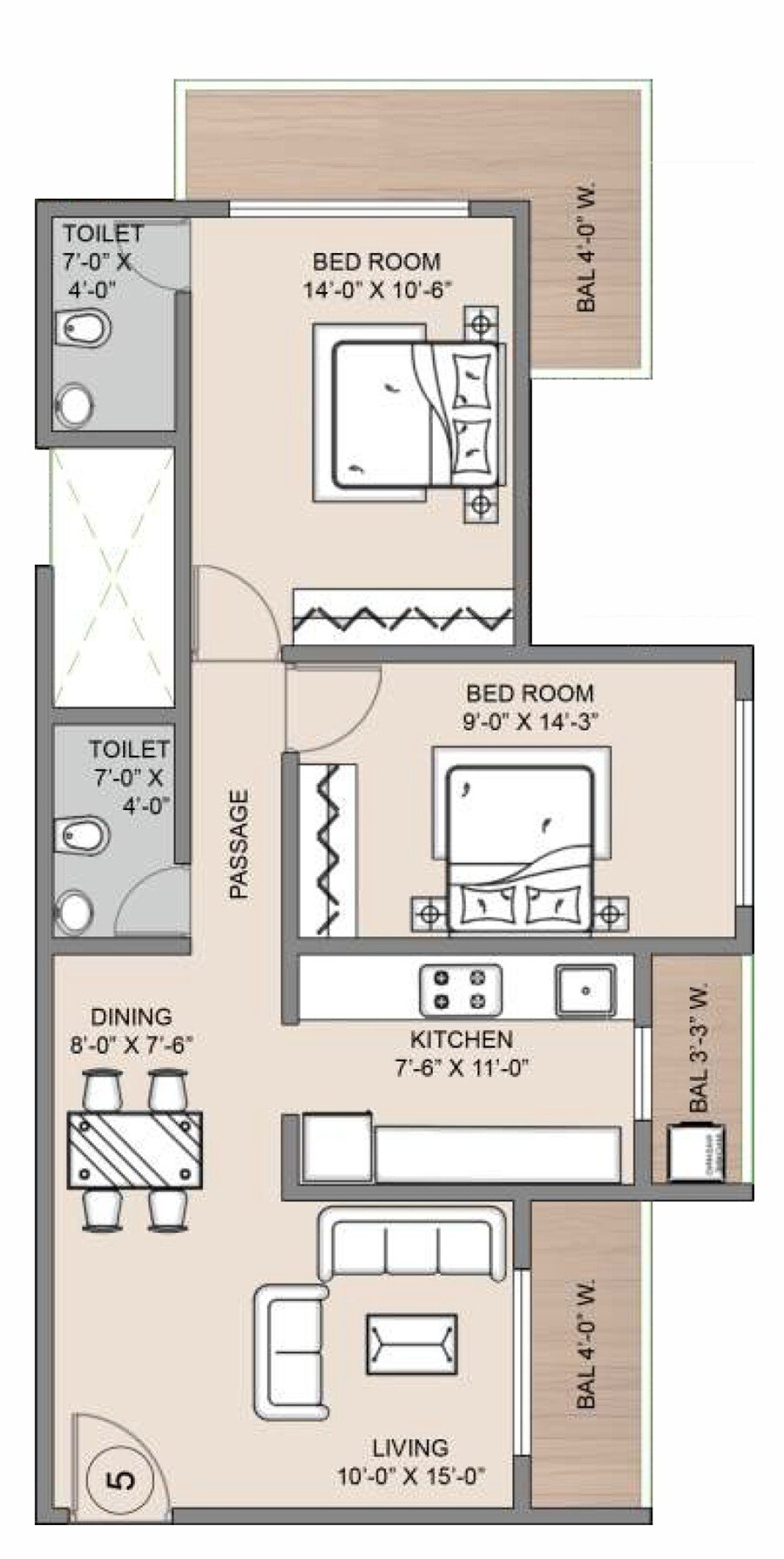 Floor plan of 2 BHK 684 Sq. Ft. Apartment in Shakti Dwarka, Thane