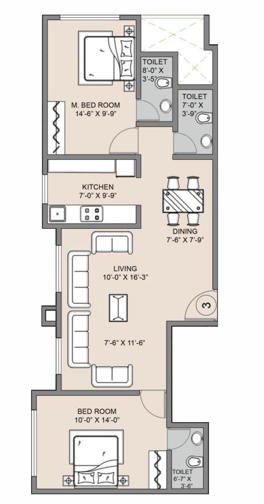 Floor plan of 2 BHK 779 Sq. Ft. Apartment in Shakti Dwarka, Thane