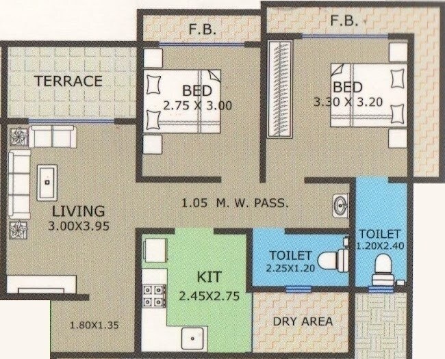 Floor plan of 2 BHK 653 Sq. Ft. Apartment in Shakti Sai Srushti, Thane