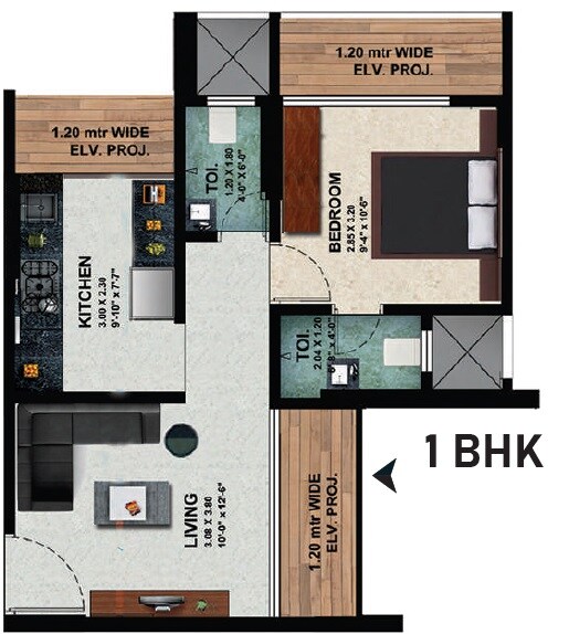 Floor plan of 1 BHK 434 Sq. Ft. Apartment in Shakti Shree Siddhivinayak, Thane