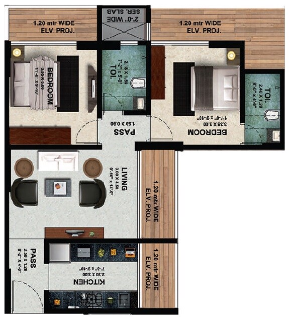 Floor plan of 2 BHK 584 Sq. Ft. Apartment in Shakti Shree Siddhivinayak, Thane