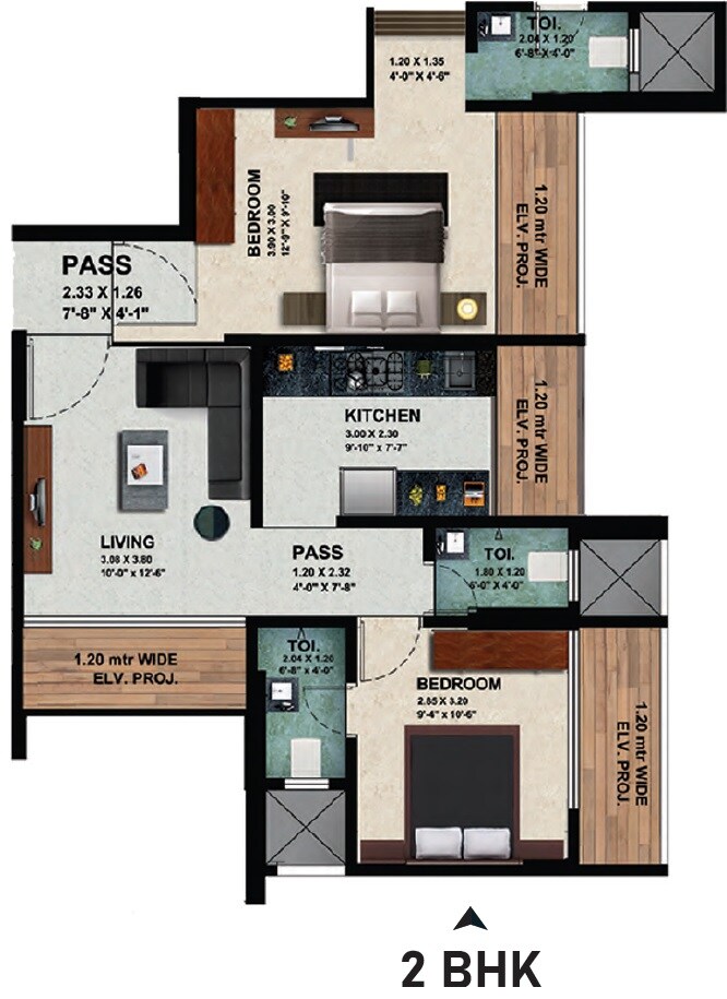 Floor plan of 2 BHK 629 Sq. Ft. Apartment in Shakti Shree Siddhivinayak, Thane