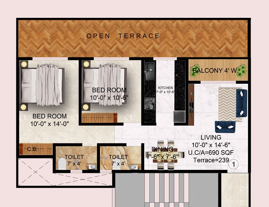 2 BHK 690 Sq. Ft. Apartment