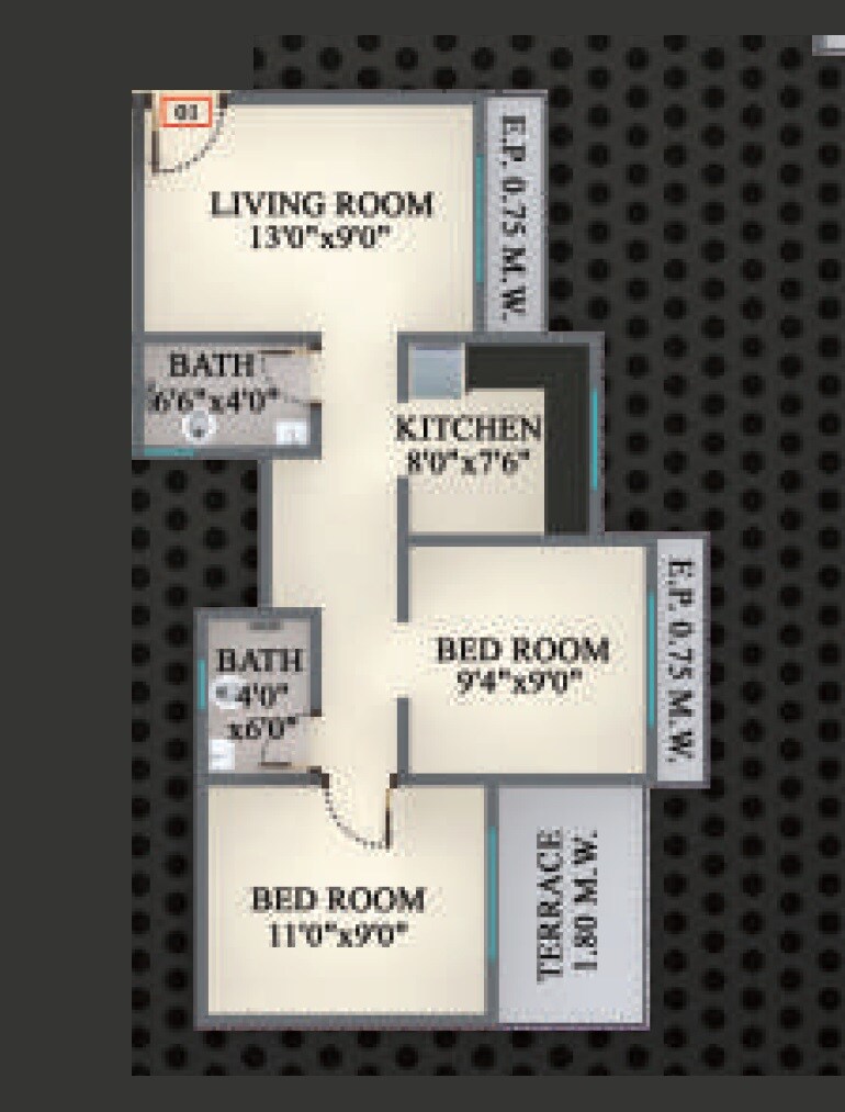 Floor plan of 2 BHK 591 Sq. Ft. Apartment in Shankheshwar Crystal, Thane