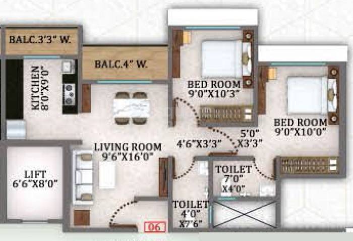 Floor plan of 2 BHK 606 Sq. Ft. Apartment in Shankheshwar Privia, Thane