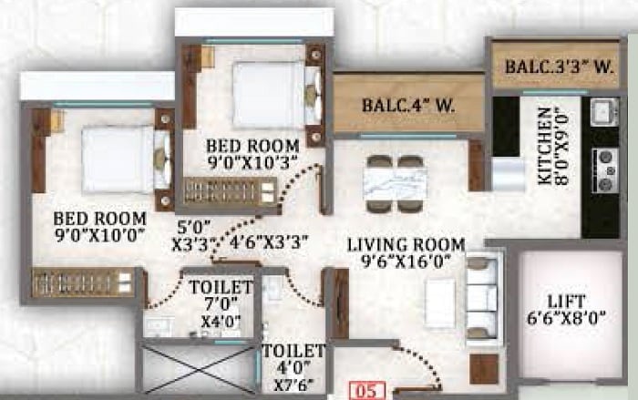 Floor plan of 2 BHK 584 Sq. Ft. Apartment in Shankheshwar Privia, Thane