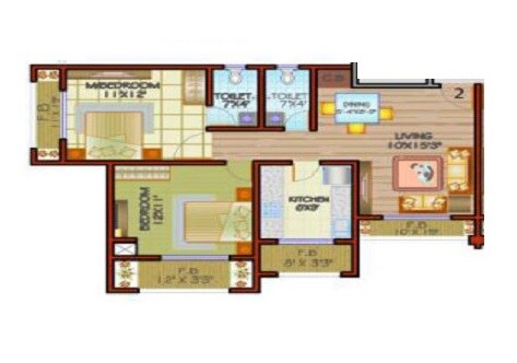 Floor plan of 2 BHK 673 Sq. Ft. Apartment in Shanti One Mira Road, Thane