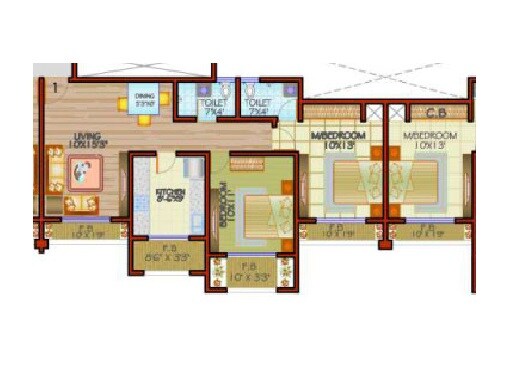 Floor plan of 3 BHK 826 Sq. Ft. Apartment in Shanti One Mira Road, Thane