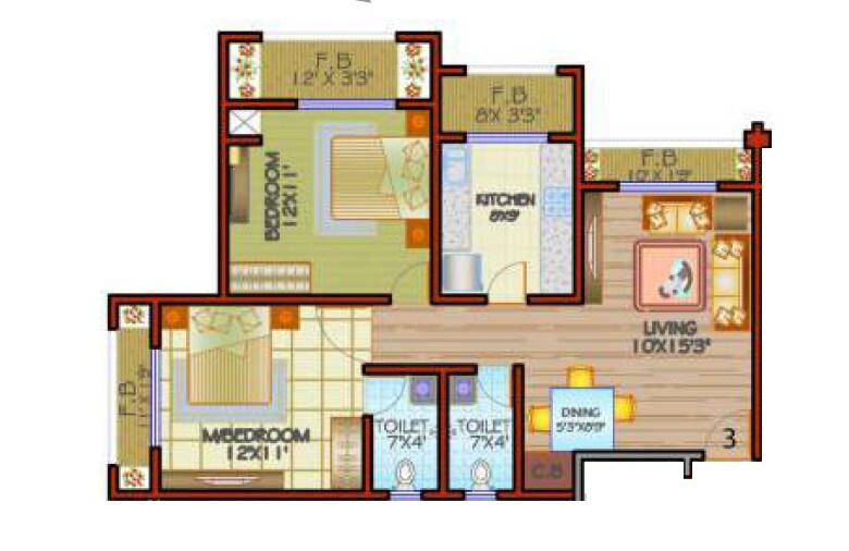 Floor plan of 2 BHK 568 Sq. Ft. Apartment in Shanti Seven, Thane