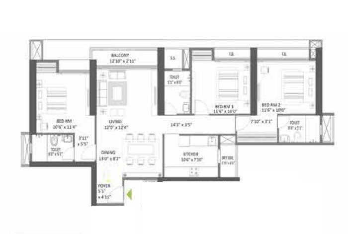 3 BHK 1150 Sq. Ft. Apartment