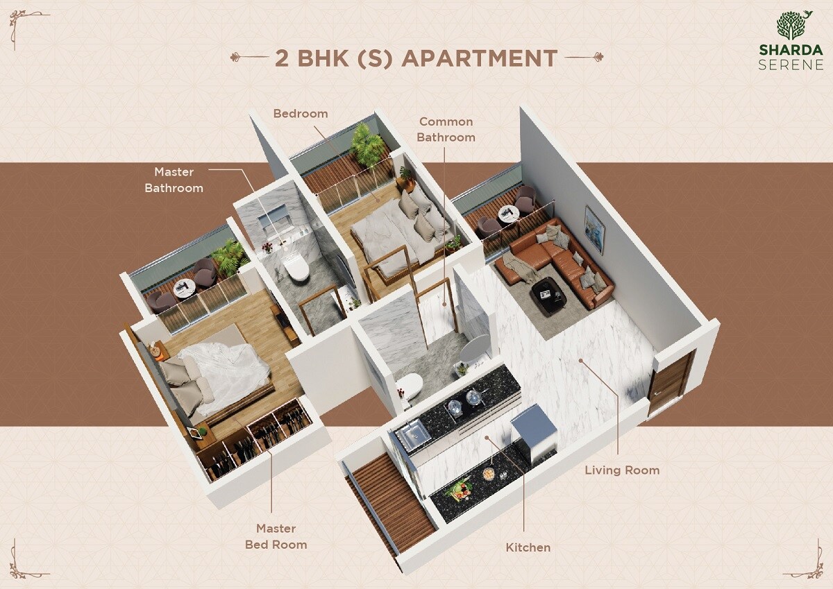 Floor plan of 2 BHK 541 Sq. Ft. Apartment in Sharda Serene, Thane