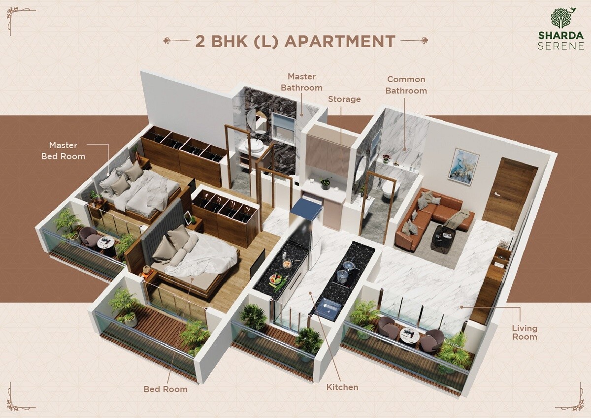 Floor plan of 2 BHK 558 Sq. Ft. Apartment in Sharda Serene, Thane